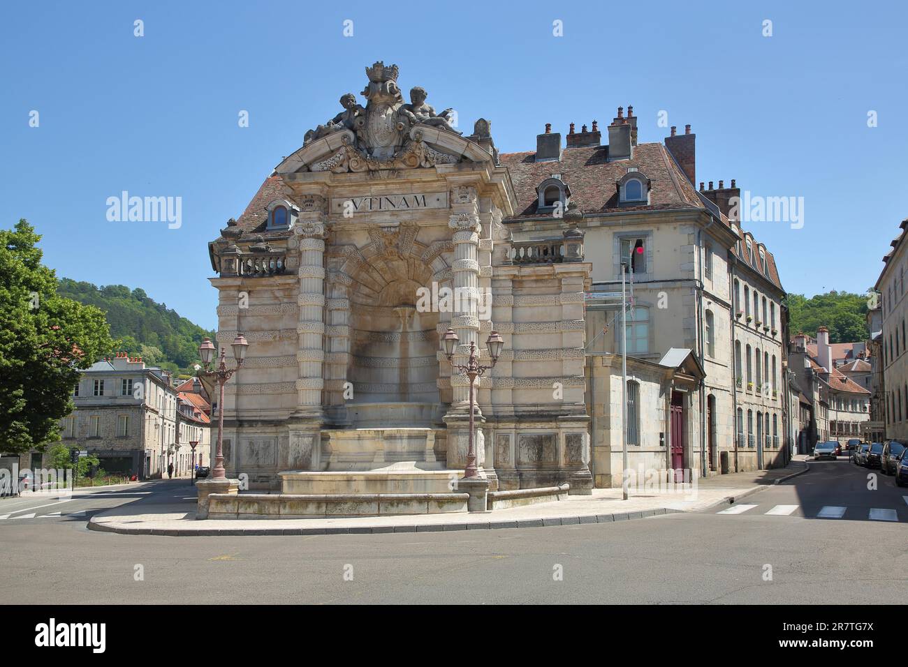 Fontaine Saint-Quentin built in 1529 at Place Jean Cornet, ornamental fountain with columns, ornaments and figures, Besancon, Doubs, France Stock Photo
