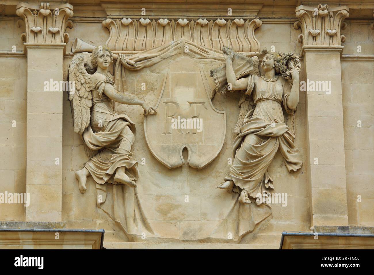 Angel with initials RF for French Republic at the Hotel de Ville, Arles City Hall, Place de la Republique, Emperor's Square, ornaments, stone Stock Photo