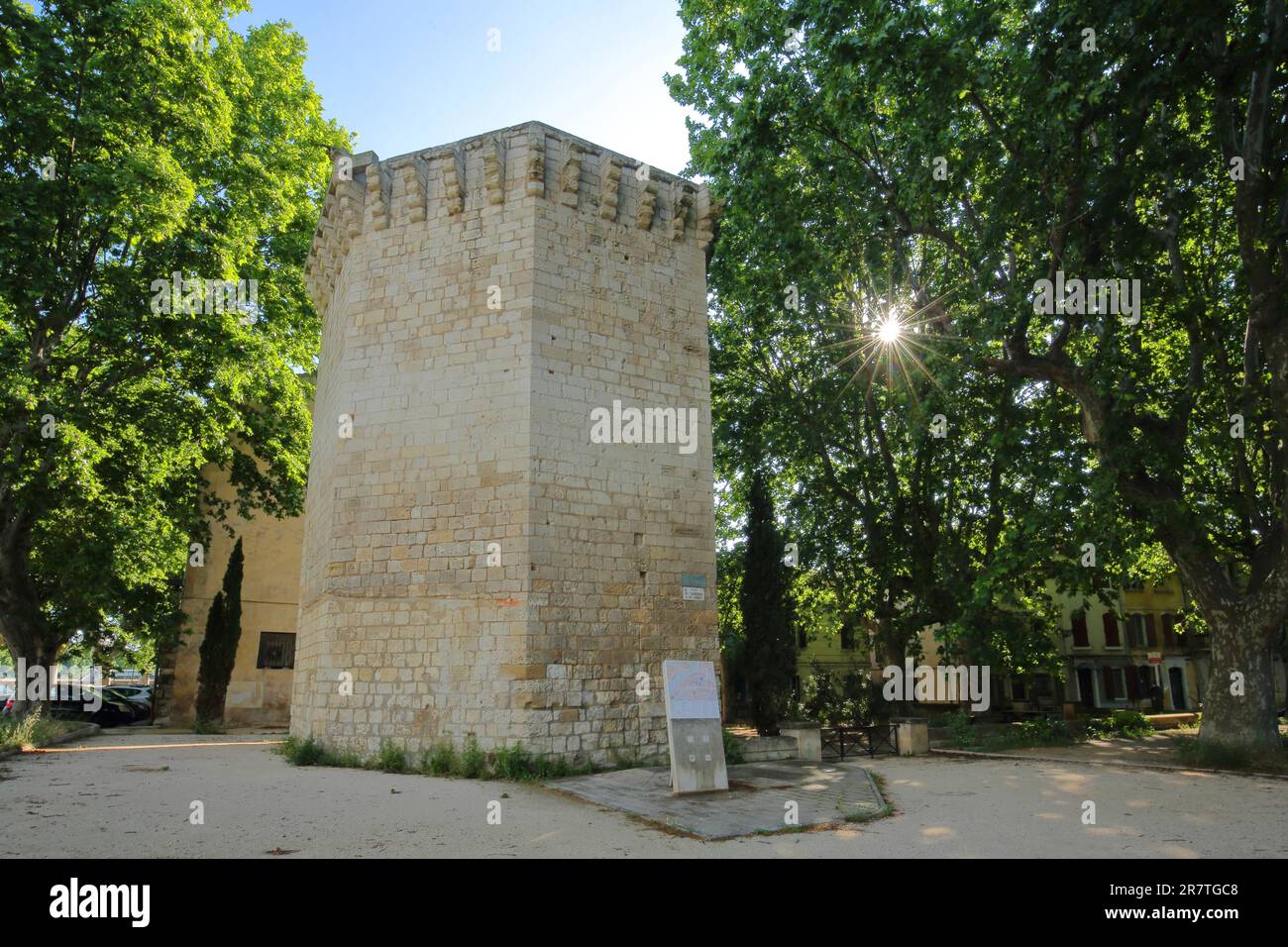 Historic fortified defence tower Tour de la Roquette in backlight, city fortification, Arles, Bouches-du-Rhone, Camargue, Provence, France Stock Photo