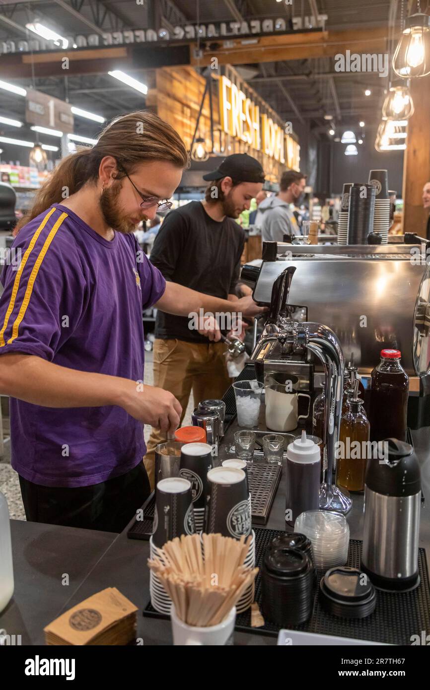 Detroit, Michigan, The Great Lakes Coffee bar at Rivertown Market, a smaller-format supermarket operated by the Meijer chain in downtown Detroit. The Stock Photo