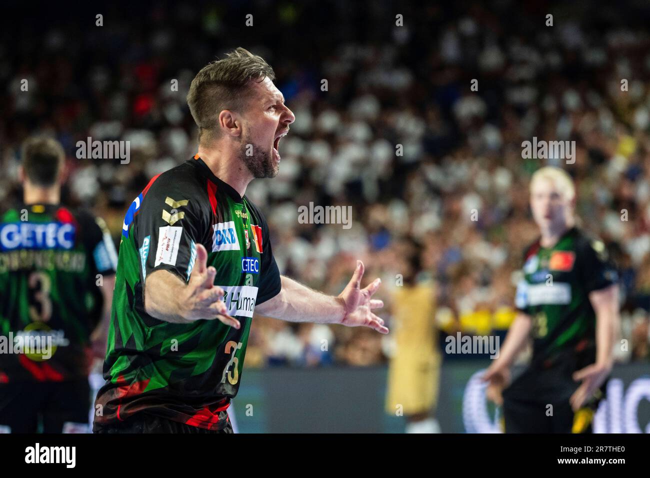 Magdeburgs Marko Bezjak cheers after scoring a goal during the Final Four Champions League handball semifinal match between SC Magdeburg and FC Barcelona at Lanxess Arena in Cologne, Germany, Saturday June 17,