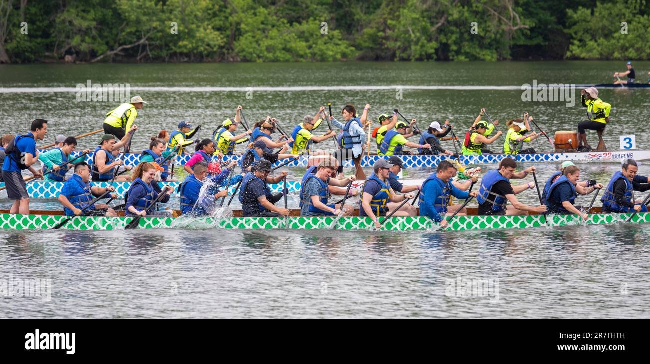 Washington, DC, The DC Dragon Boat Festival on the Potomac River. Dragon boating is a 2300-year-old Chinese tradition. The Washington festival has Stock Photo