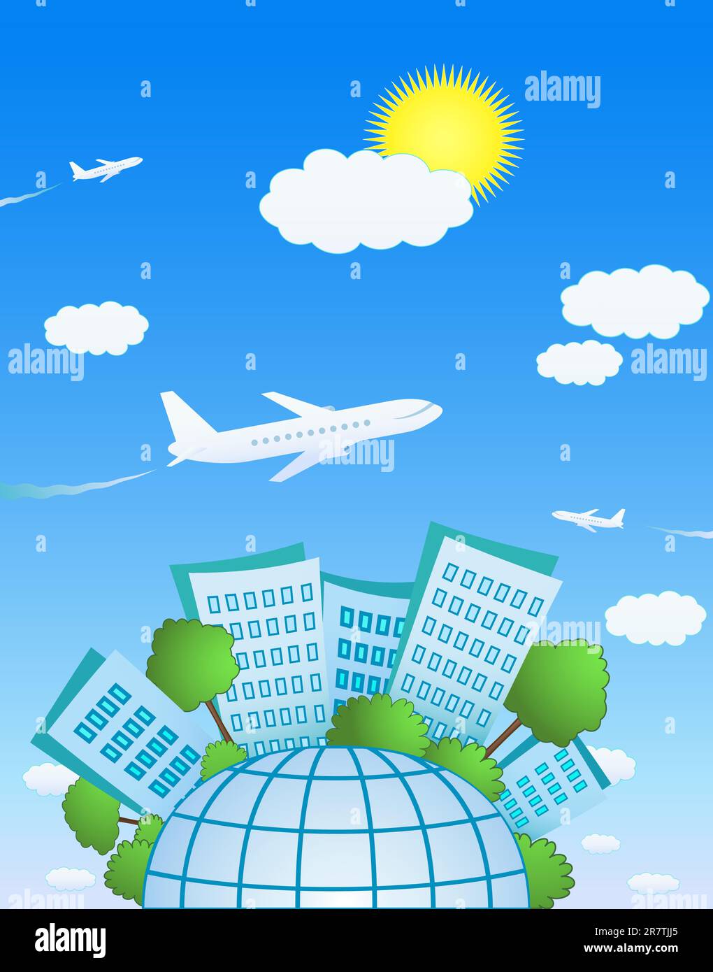 International plane flying above the cute planet Stock Vector