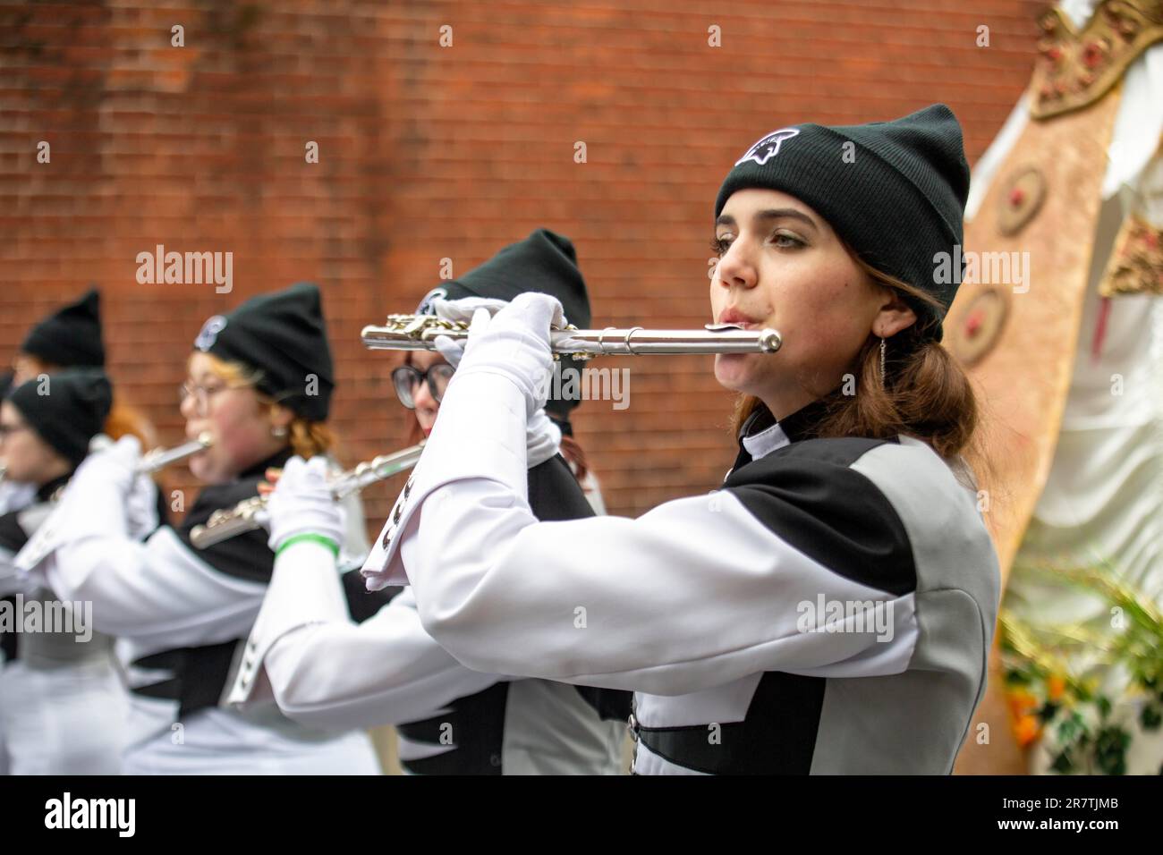 American flutes playing Irish tunes before the start of the St. Patrick's Day parade. Dublin, Ireland Stock Photo