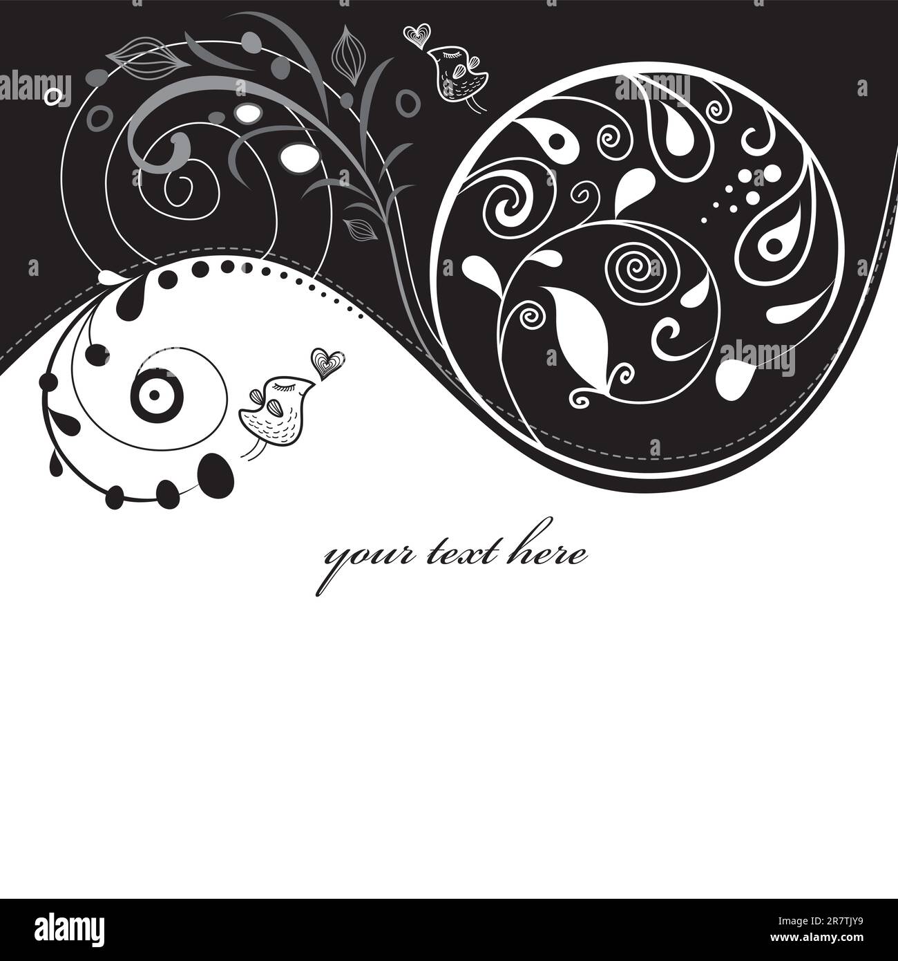 graphic black and white floral background with birds Stock Vector Image ...