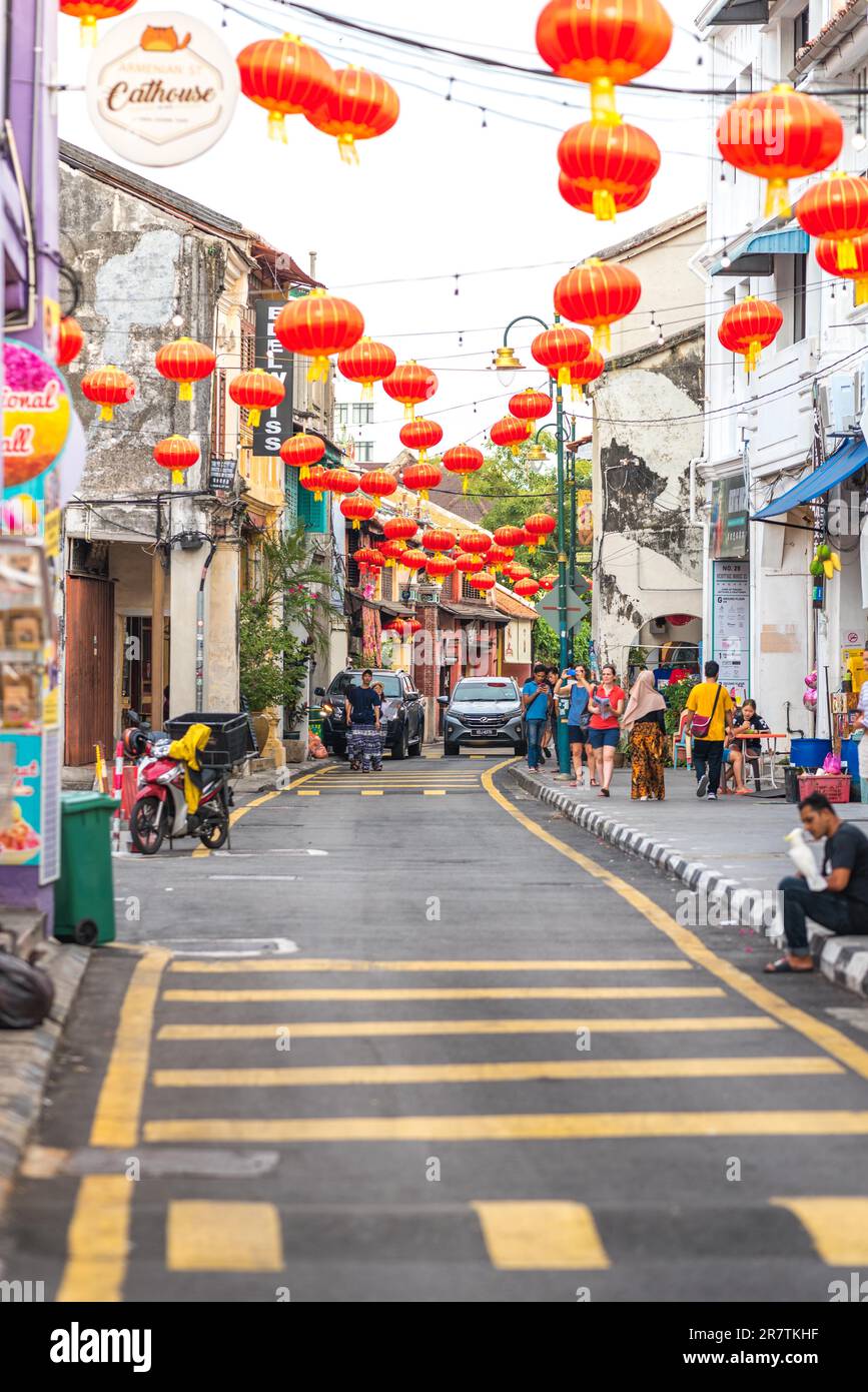 Festively decorated street, the Armenian Street, in the historic core of the old town of George Town in anticipation of the Chinese New Year Stock Photo