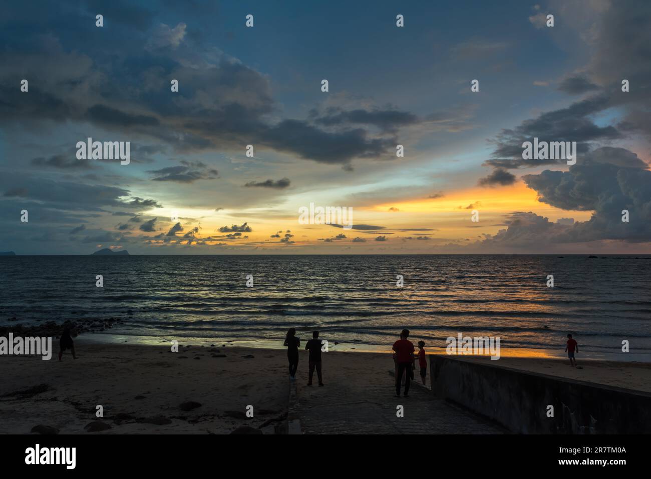 View to the South China Sea at sundown on the Damai beach in the Santubong national park in the north of the city Kuching on Borneo Stock Photo