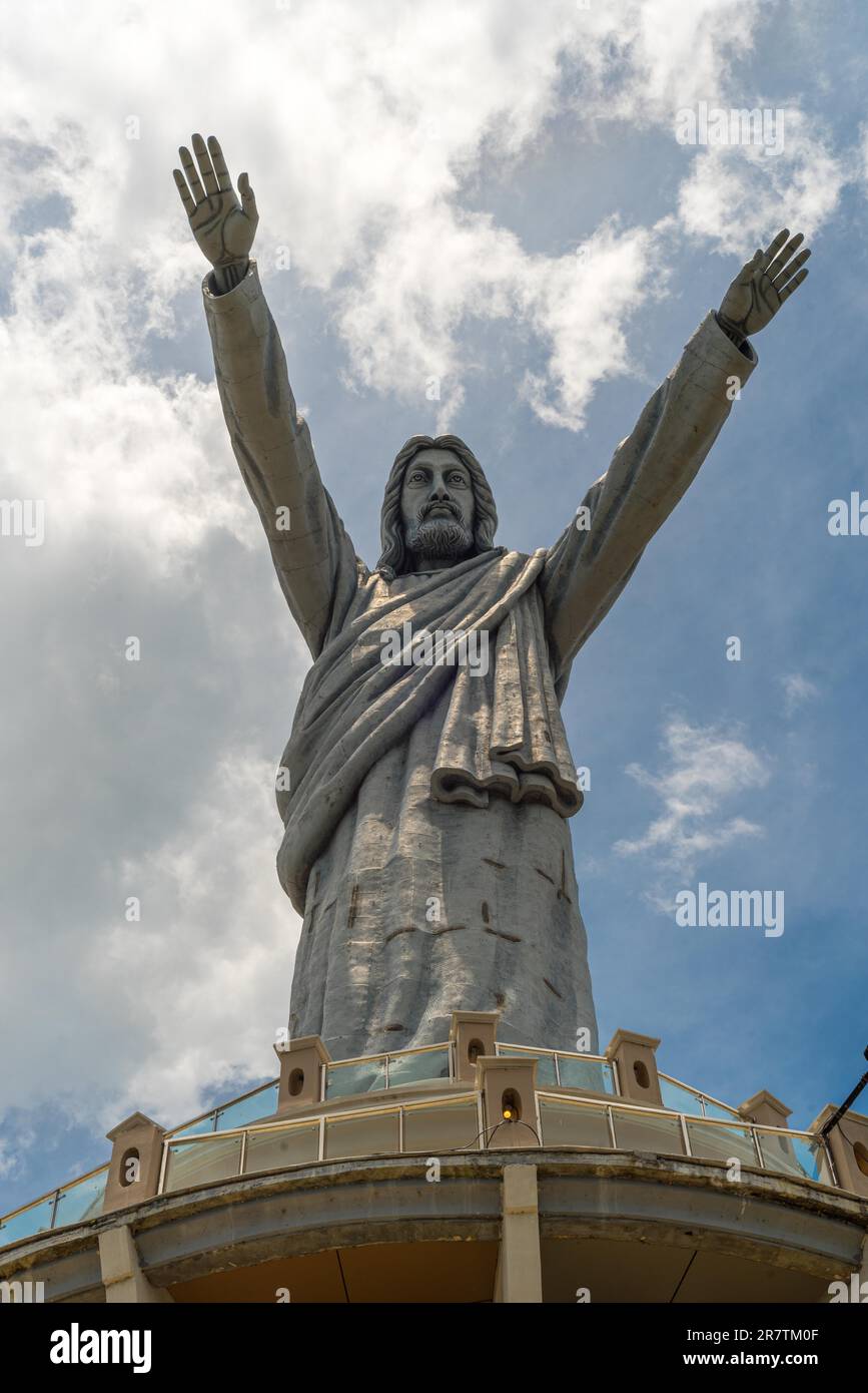 Jesus Christ Statue in Makale on Sulawesi. The statue of Jesus is said to be the highest in the world, as it is located on a hill that is 1, 100 Stock Photo