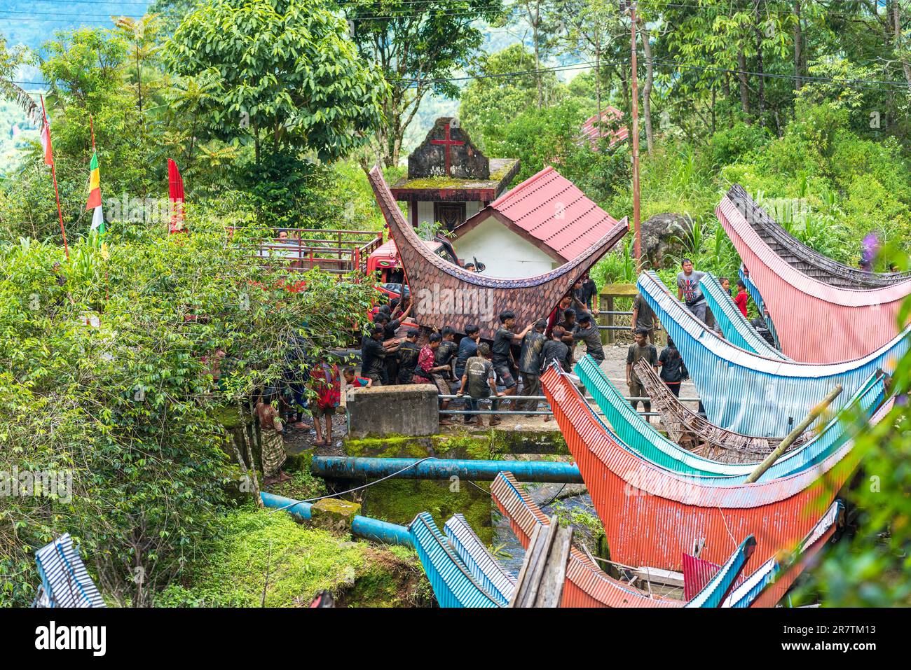 Persons of high status are given an extra elaborate palanquin built in the form of Tongkonan houses, which is used only once for transportation to Stock Photo