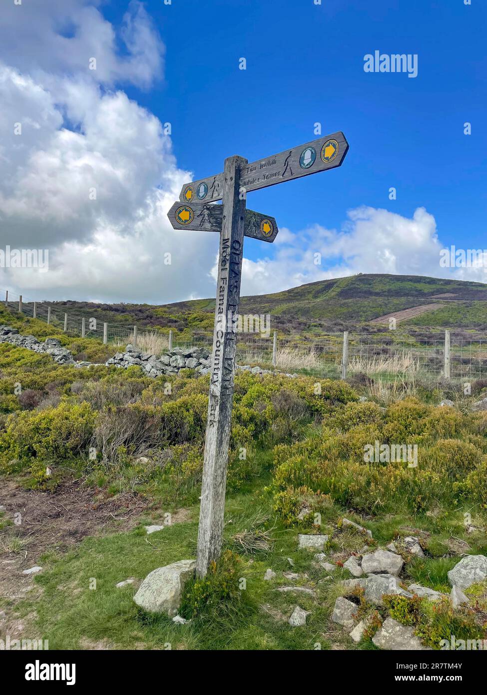 Welsh Signpost Hiking signpost to Jubilee Tower, Moel Famau, Wales, Great Britain ...
