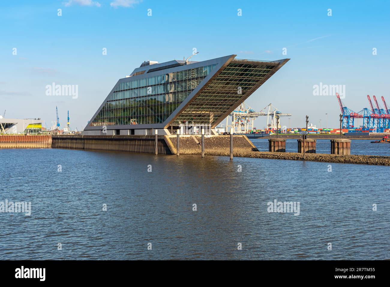 The Dockland in Hamburg Altona developed in the old fishing port in Hamburg. The six-story building in the shape of a parallelogram and juts out over Stock Photo