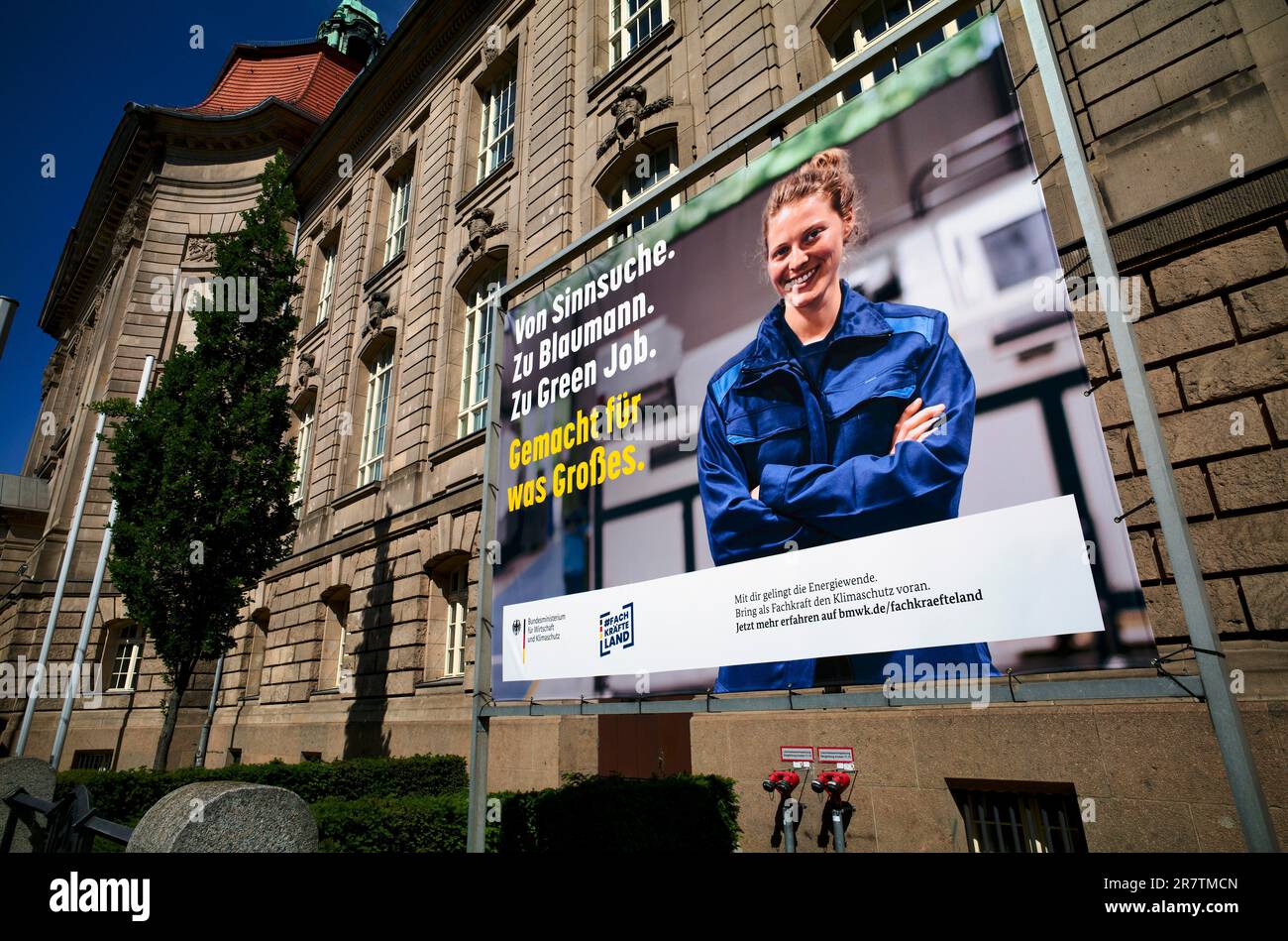 Poster, advertisement, advertising poster, advertisement on sign in front of Federal Ministry of Economics and Climate Protection, Ministry of Stock Photo