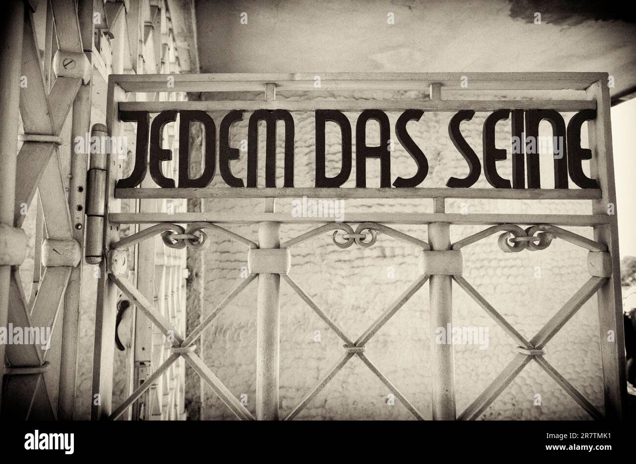 Entrance gate to beech forest concentration camp with the saying JEDEM DAS SEINE in Bauhaus script by Franz Ehrlich, former concentration camp beech Stock Photo