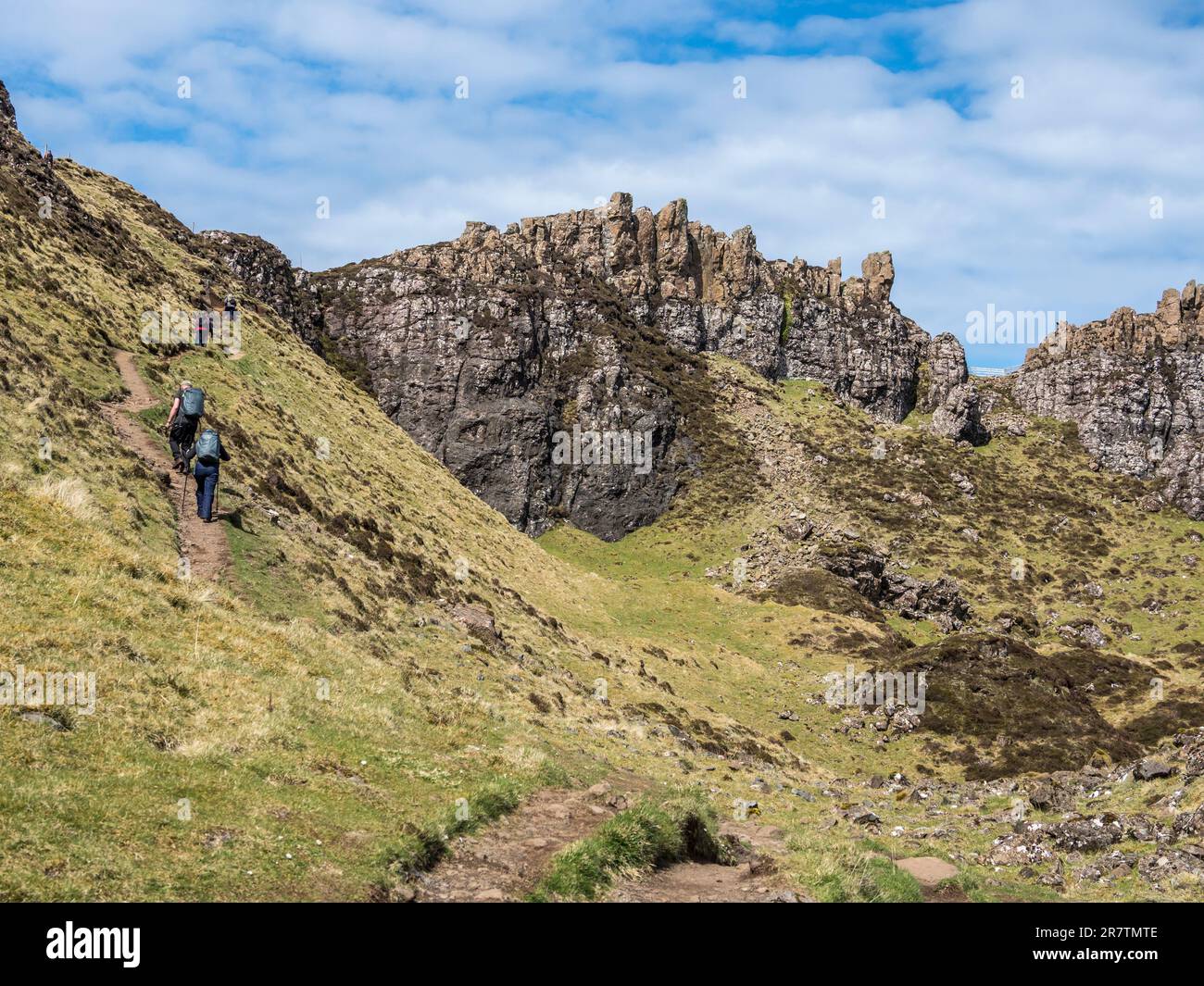 Hikers at the Quiraing rock formations, Trotternish peninsula, Isle of Skye, Scotland, UK Stock Photo