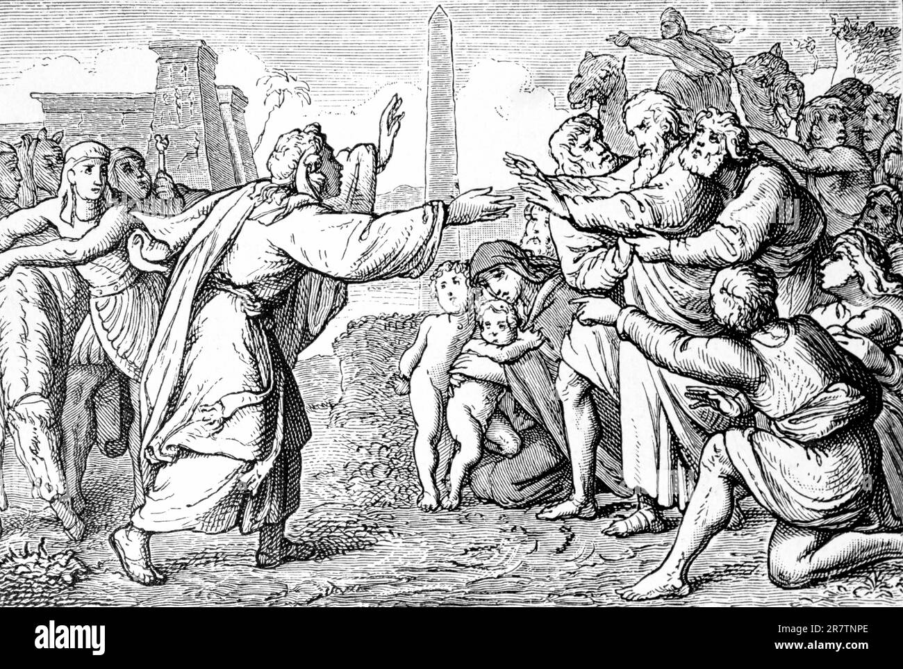 Joseph lets his old father Jacob come to Egypt, Old Testament, Bible, brothers, arrival, joy, many people, stele, children, reunion, historical Stock Photo
