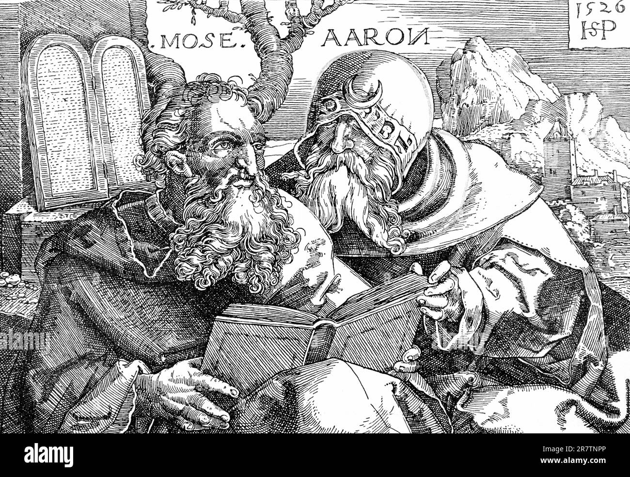 Portrait Moses and Aaron, Old Testament, Bible, two old men, Moses, beard, face, cloak, book, stone tablet, outdoors, mountain, castle, historical Stock Photo