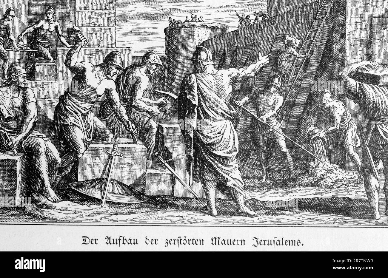 Building up the destroyed walls of Jerusalem, Jeremiah, chapter 30, verses 18-22, Old Testament, Bible, Jerusalem, city wall, construction, workers Stock Photo