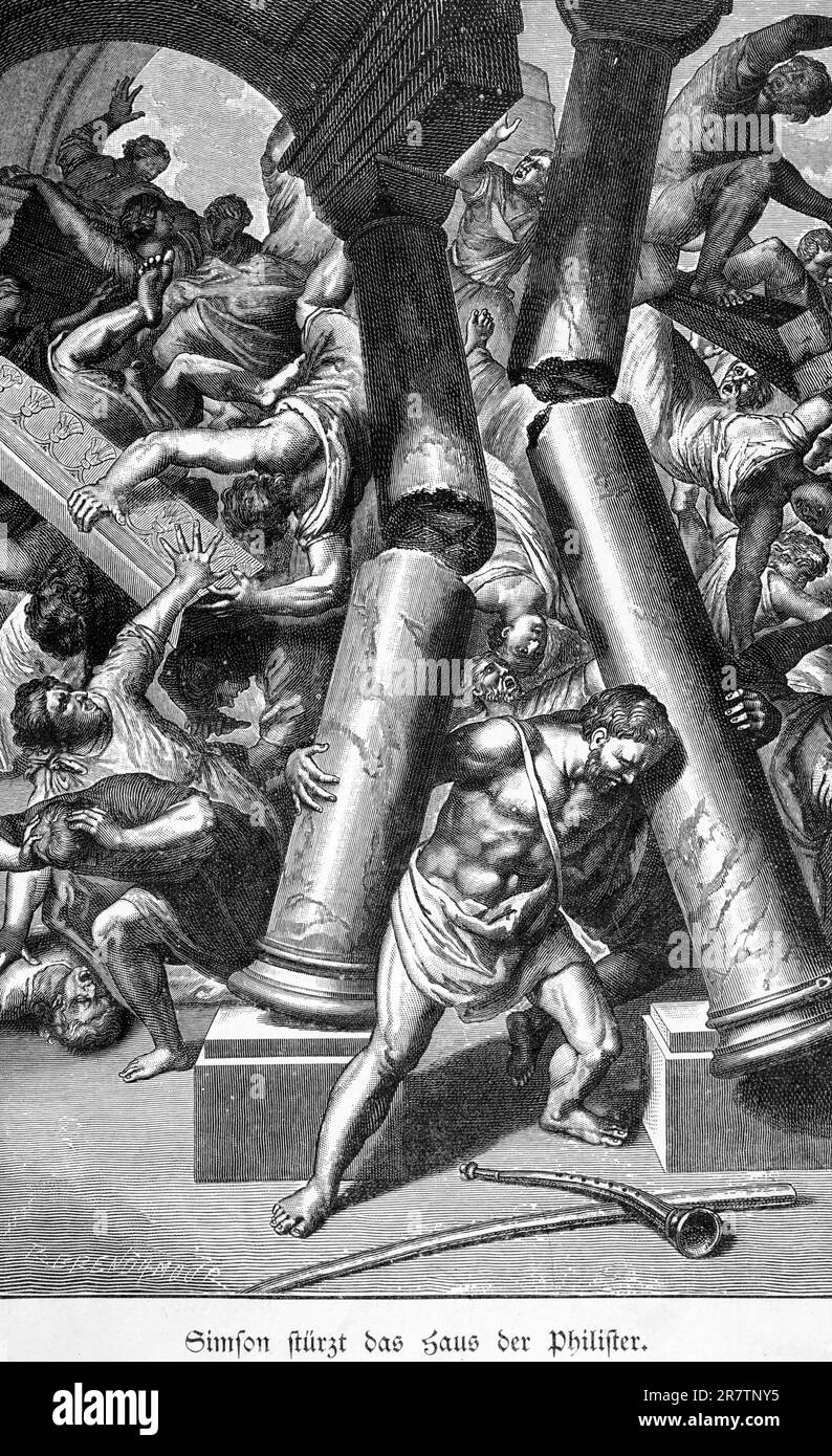 Samson overthrows the house of the Philistines, Book of Judges, chapter 16, verses 23-31, pillars, battle, confusion, mess, Hott Dagon, men, woman Stock Photo