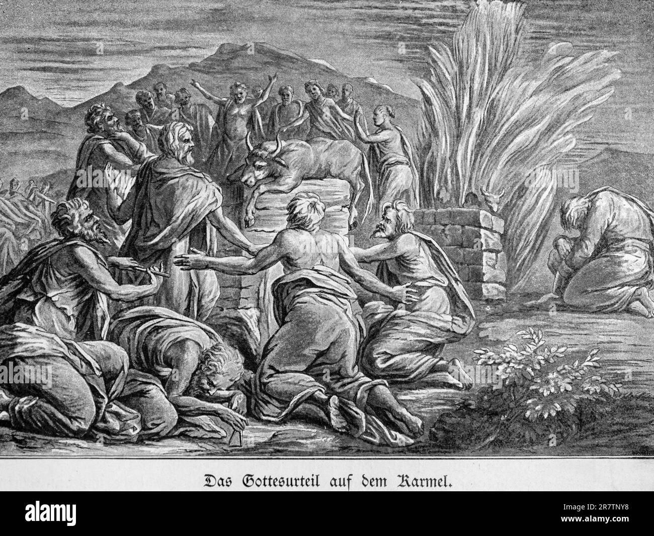 The Judgement of God at Carmel, First Book of Kings, Chapter 18, Verses 21-40, Old Testament, Bible, Elijah, Prophet Baal, cart, sacrifice, fire Stock Photo