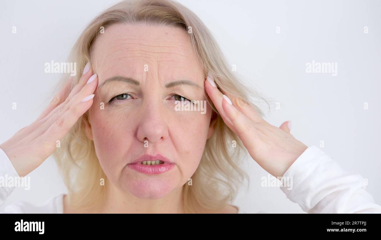 Portrait caucasian frightened stressed worried woman feeling stress