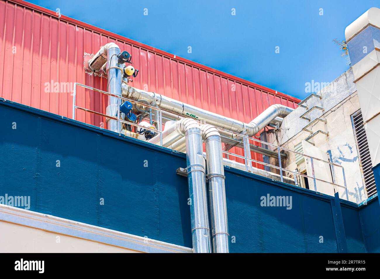Comercial Building Air Ventilate Pipe, Smoke Air Conditioner Pipes Line System Outdoor. Stock Photo