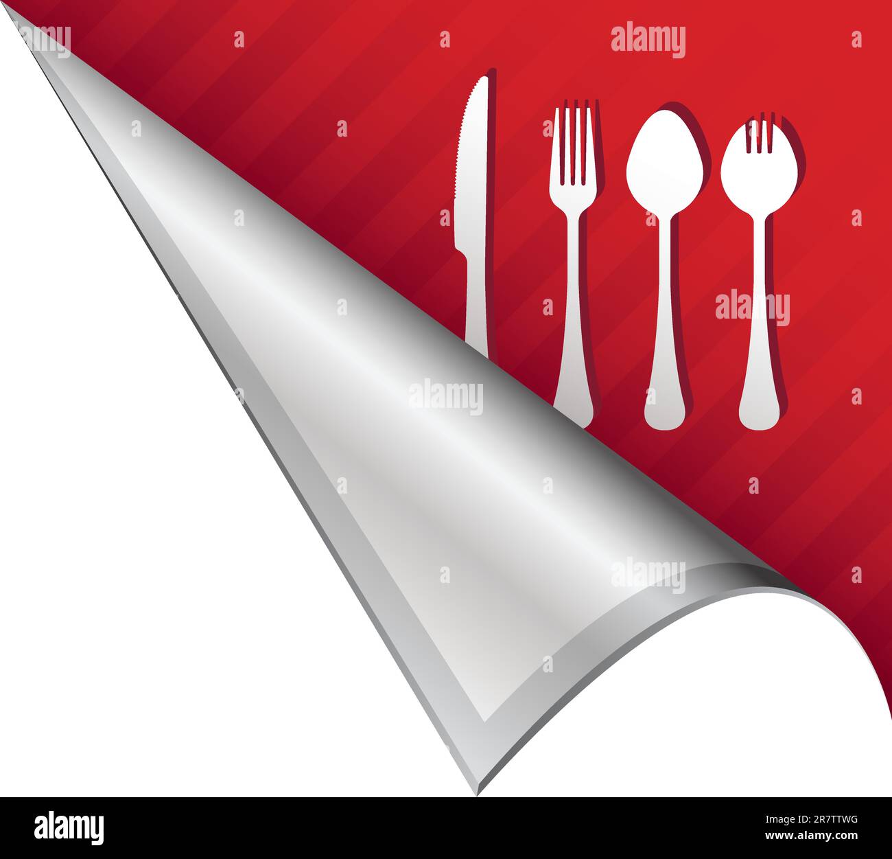 Dining or eating utensils food icon on vector peeled corner tab suitable for use in print, on websites, or in advertising materials. Stock Vector