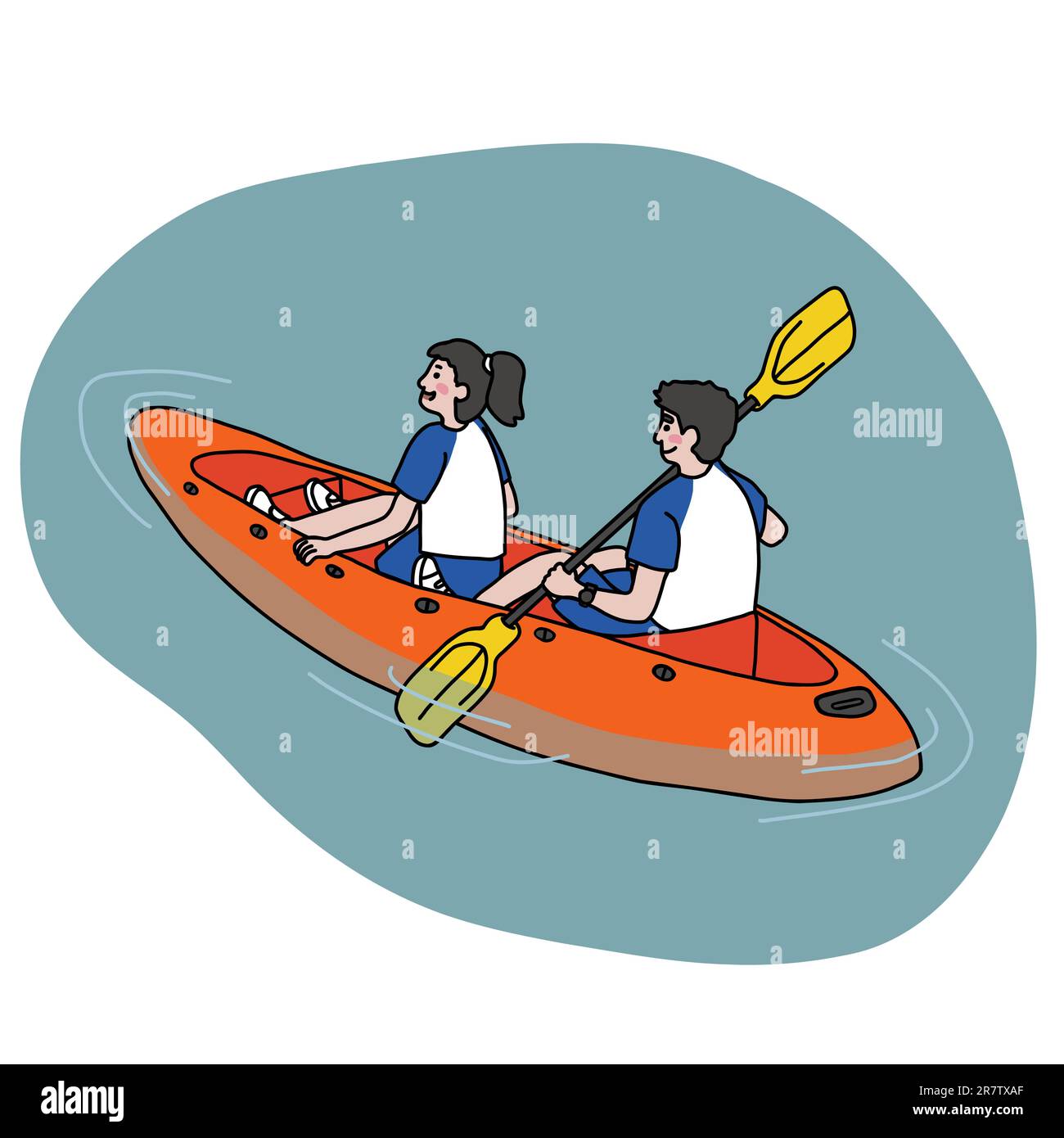 Couple playing kayak boat cartoon vector illustration minimal line art