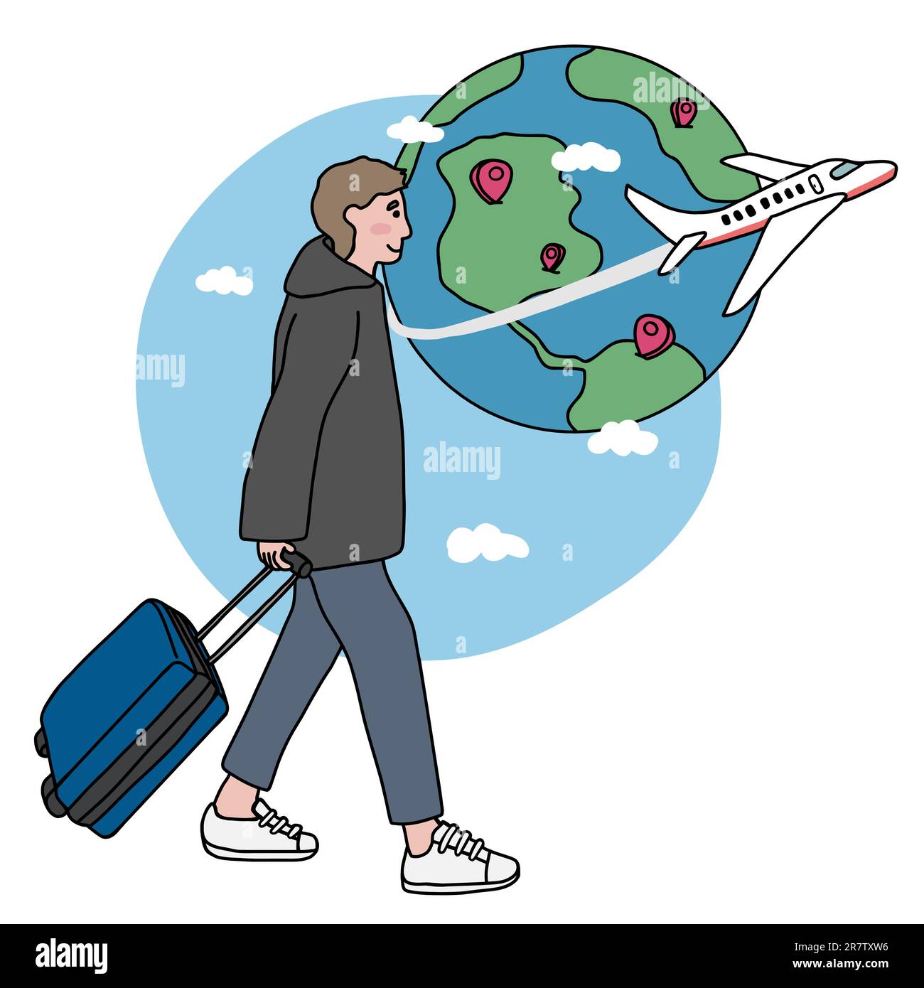 Man with luggage looking for travel around the world cartoon vector illustration minimal style Stock Vector