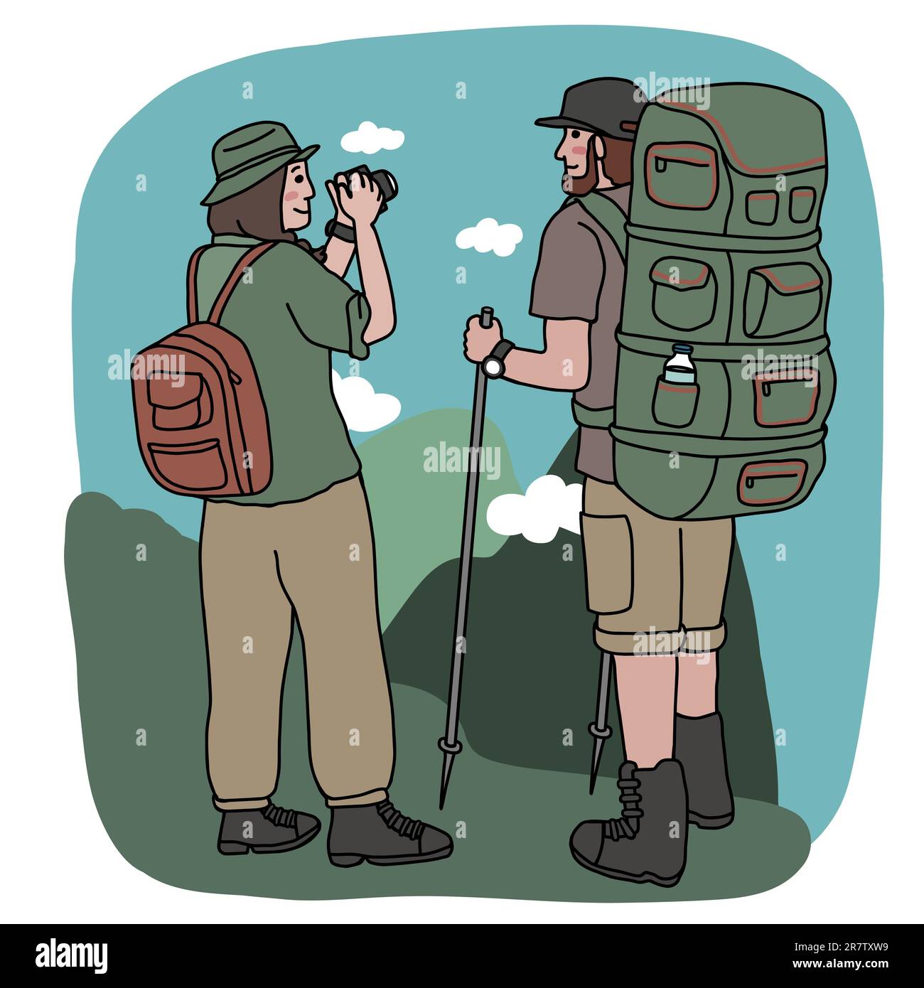 Adventure couple travel on mountain cartoon vector illustration minimal style. Stock Vector