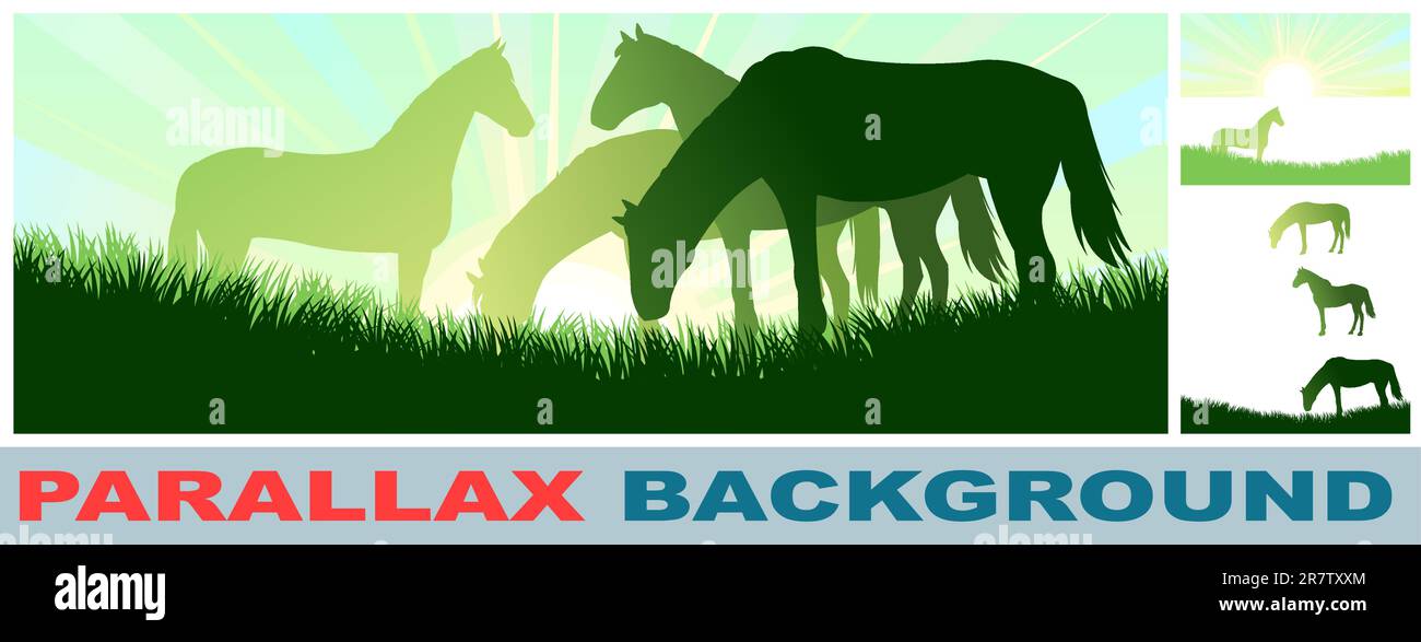 Horses graze in meadow. Summer rural. Morning sun. Picture layers parallax effect. Nice silhouette. Vector image isolated background. Stock Vector