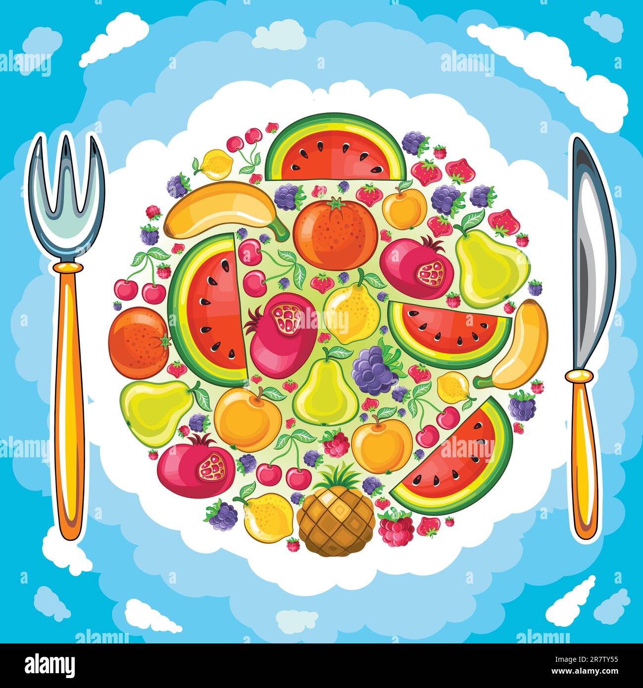 Different types of delicious fruits combined in juicy Stock