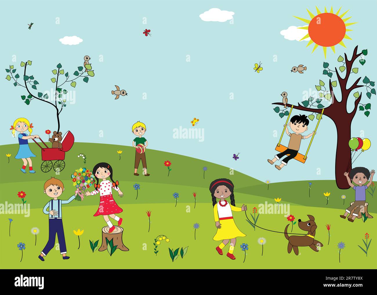Kids playing together in the park. Stock Vector
