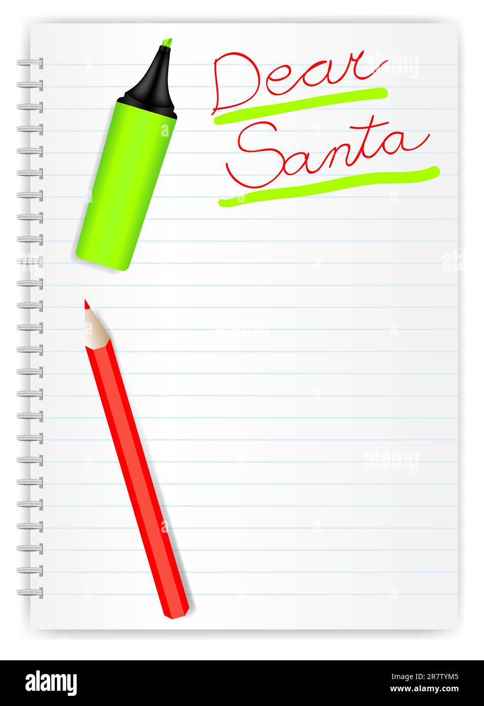 Letter to Santa - Hand Written Sign, Crayon and Marker on LIned Exercise Book Stock Vector