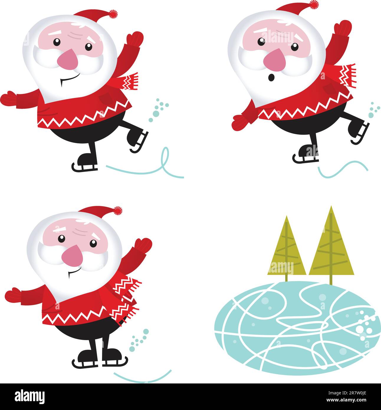 Cute series of ice skating Santas. Vector cartoon Illustration Stock Vector