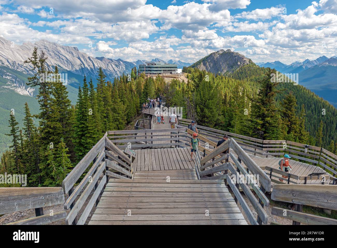 People hiking the Sulphur Mountain hiking trail after Banff Gondola cable car, Banff national park, Canada. Stock Photo
