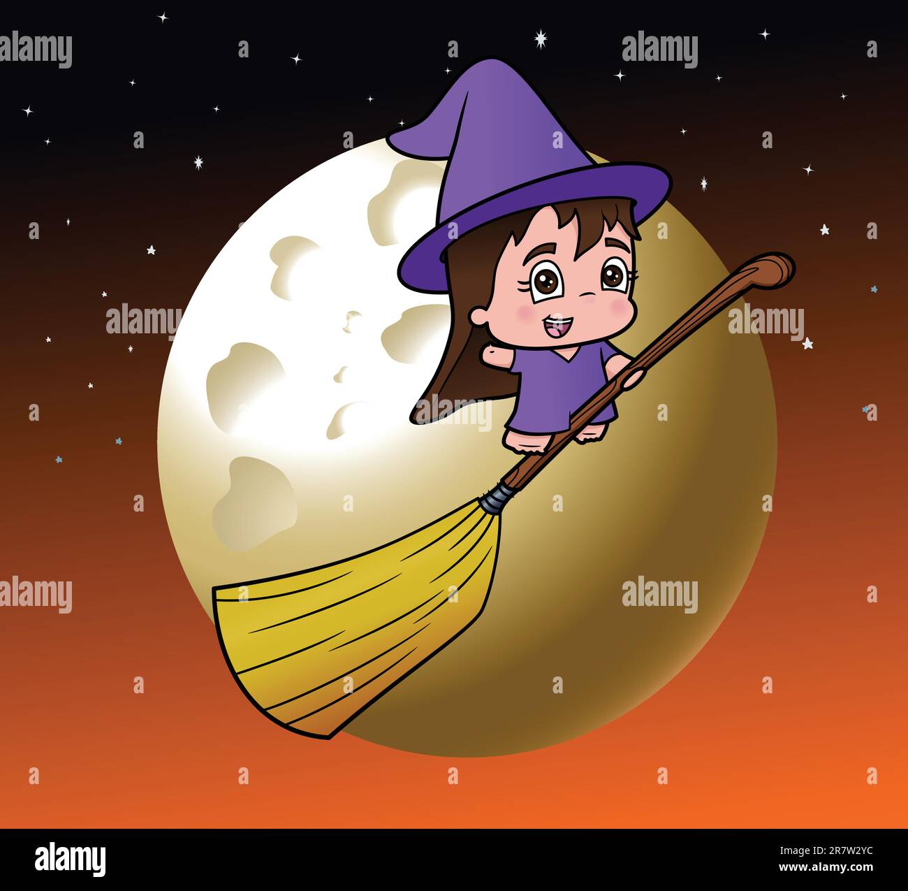 This is a vector illustration of a cute little witch riding her broom ...