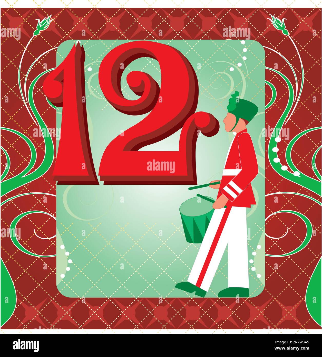 Vector Illustration Card for the 12 days of Christmas. Twelve Drummers