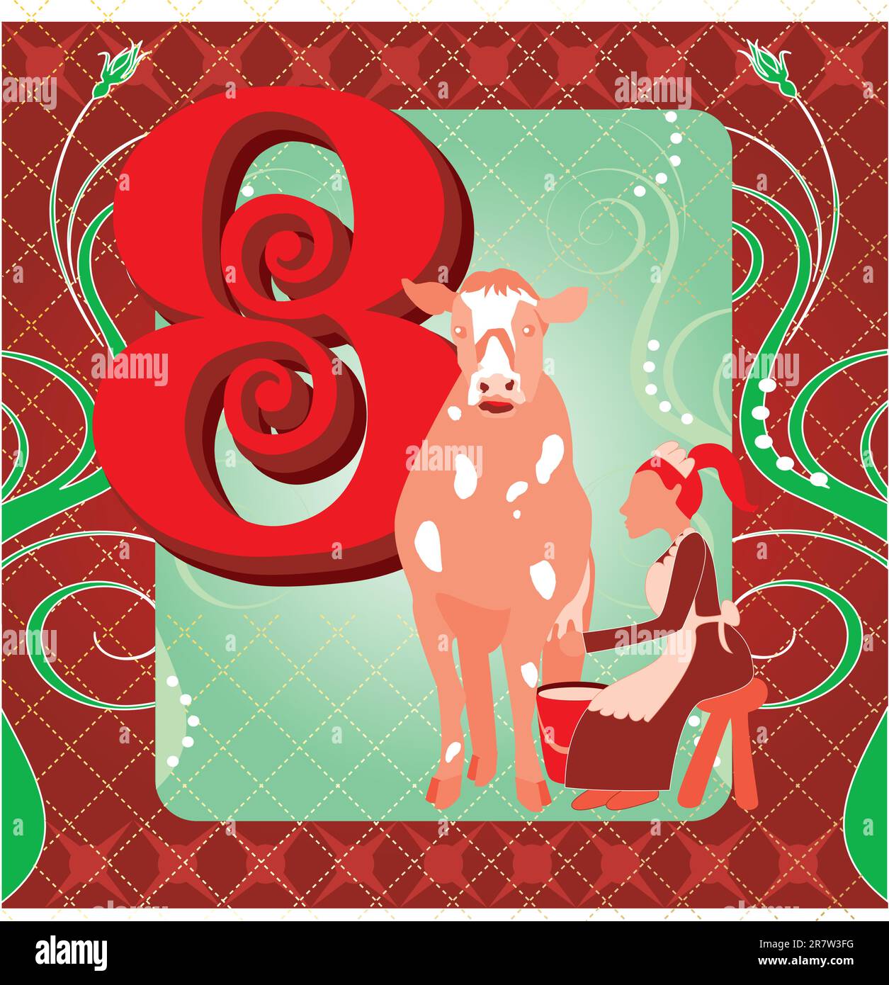 Vector Illustration Card for the 12 days of Christmas. Eight Maids Milking. Stock Vector