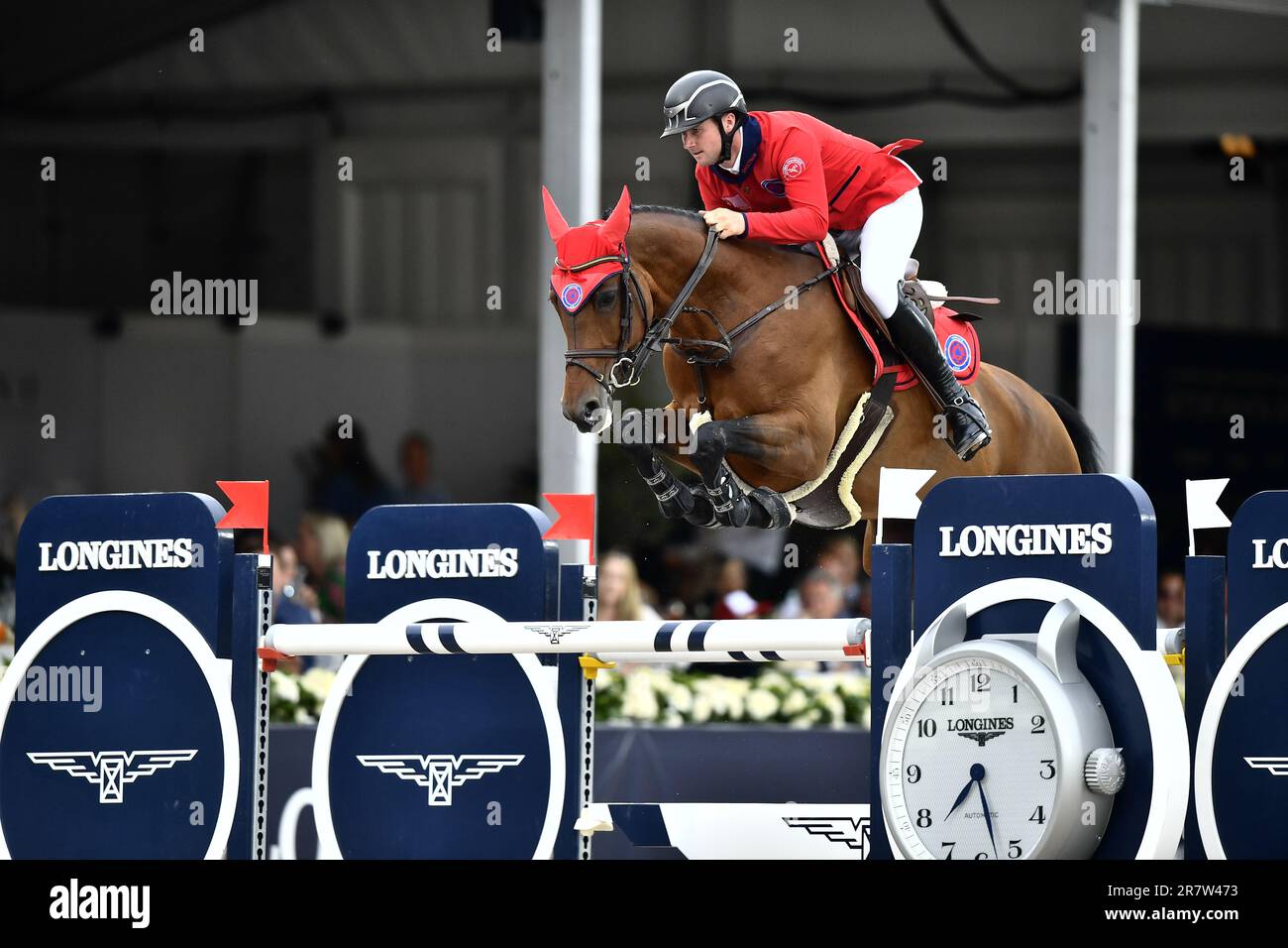 Stockholm, Sweden. 17th June, 2023. STOCKHOLM 20230617 Jeremy Sweetnam, Ireland, with the horse Aglaia J during the team show jumping competition at the Longines Global Champions Tour in Stockholm on Saturday. Photo: Caisa Rasmussen/TT/code 12150 Credit: TT News Agency/Alamy Live News Stock Photo