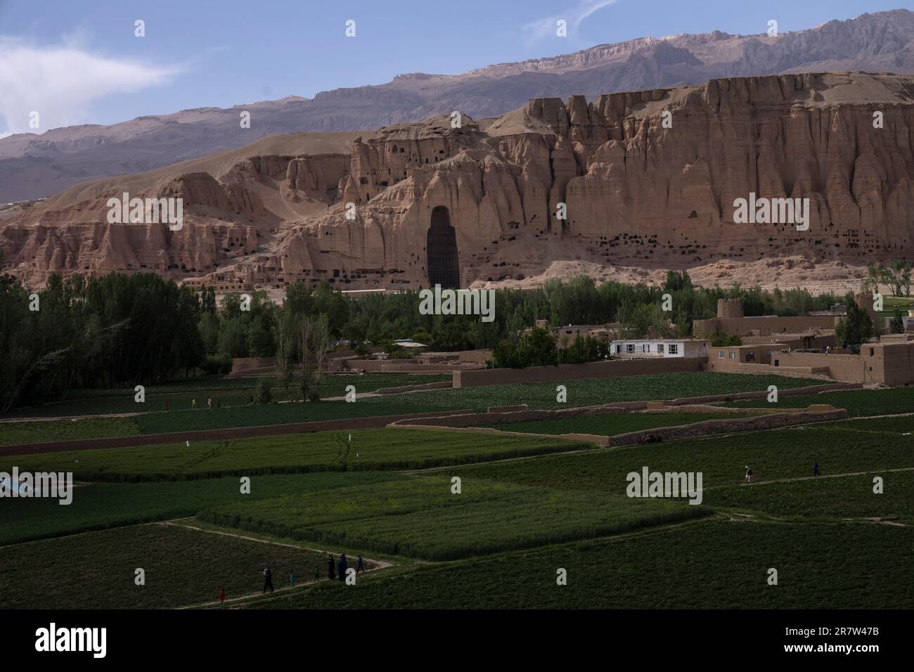 Villagers walk in the fields near the niche of the giant Buddha statue