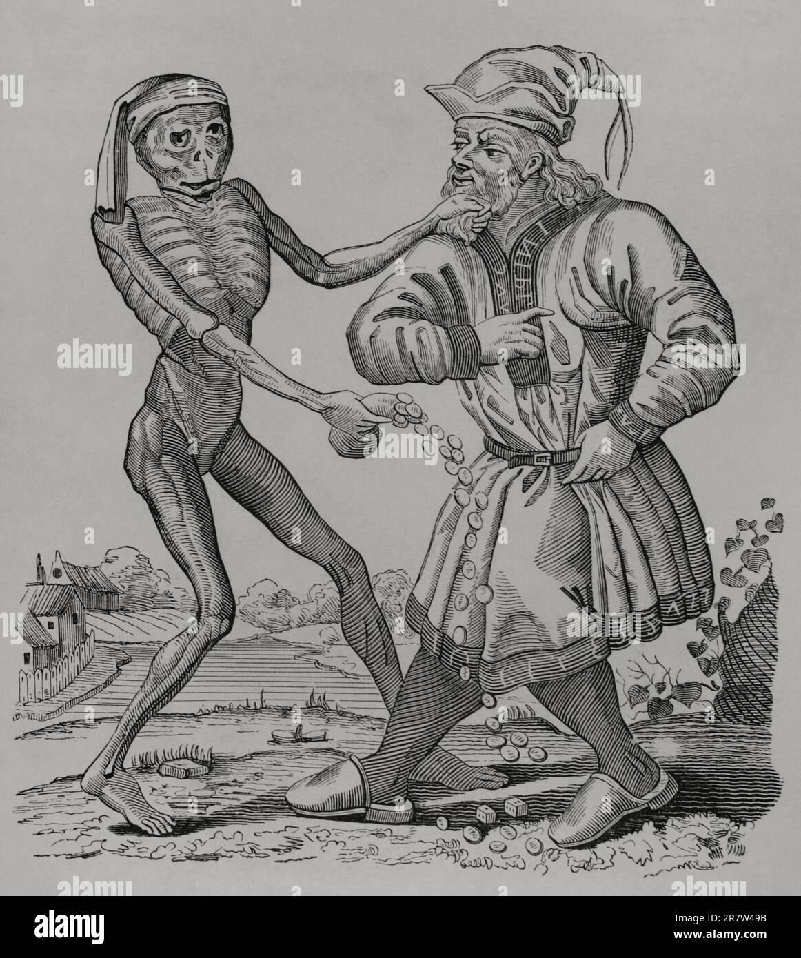 The Jew and Death. Episode from the Dance of Death, painted in 1441 in the Dominican cemetery in Basel. Engraving from an original by Matthäus Merian in 1641. 'Les Arts au Moyen Age et a l'Epoque de la Renaissance', by Paul Lacroix. Paris, 1877. Stock Photo