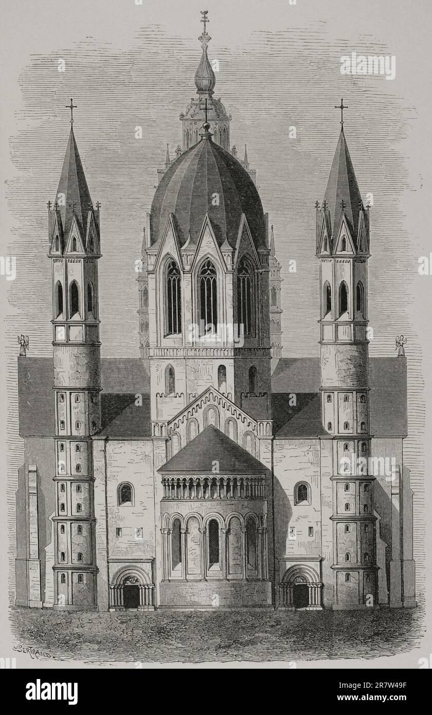 Mainz Cathedral, Germany. Romanesque style. General view of the outside. Engraving. 'Les Arts au Moyen Age et a l'Epoque de la Renaissance', by Paul Lacroix. Paris, 1877. Stock Photo