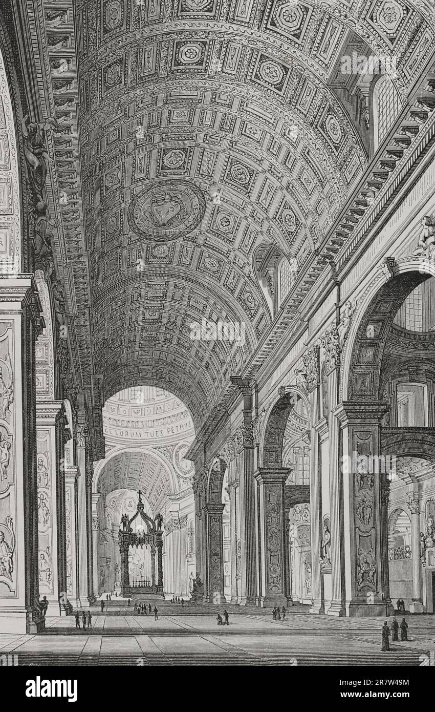 Papal States. Interior of St. Peter's Basilica. Engraving by Huyot. 'Les Arts au Moyen Age et a l'Epoque de la Renaissance', by Paul Lacroix. Paris, 1877. Stock Photo