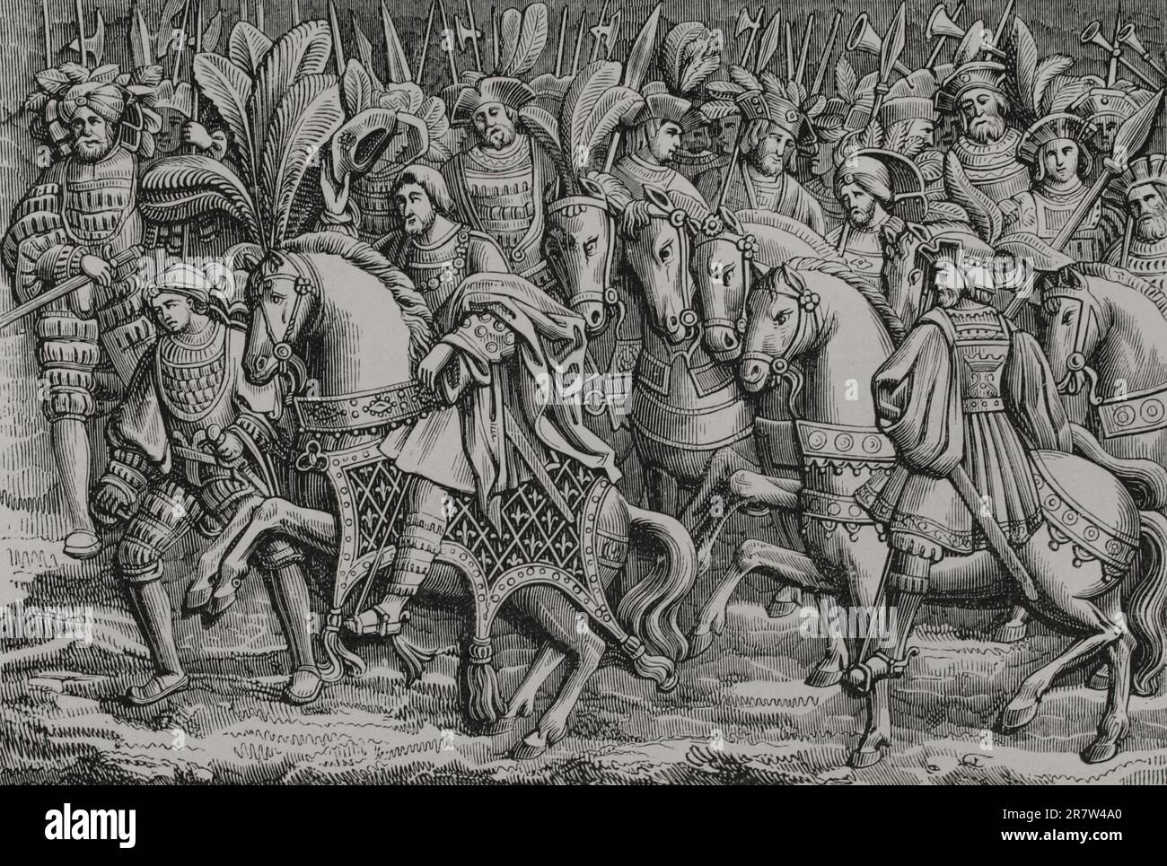 Meeting between King Henry VIII of England and King Francis I of France, on the Field of the Cloth of Gold, 7 June 1520. Engraving after an existing bas-relief in the Hôtel de Bourgtheroulde, Rouen (France). 'Les Arts au Moyen Age et a l'Epoque de la Renaissance', by Paul Lacroix. Paris, 1877. Stock Photo