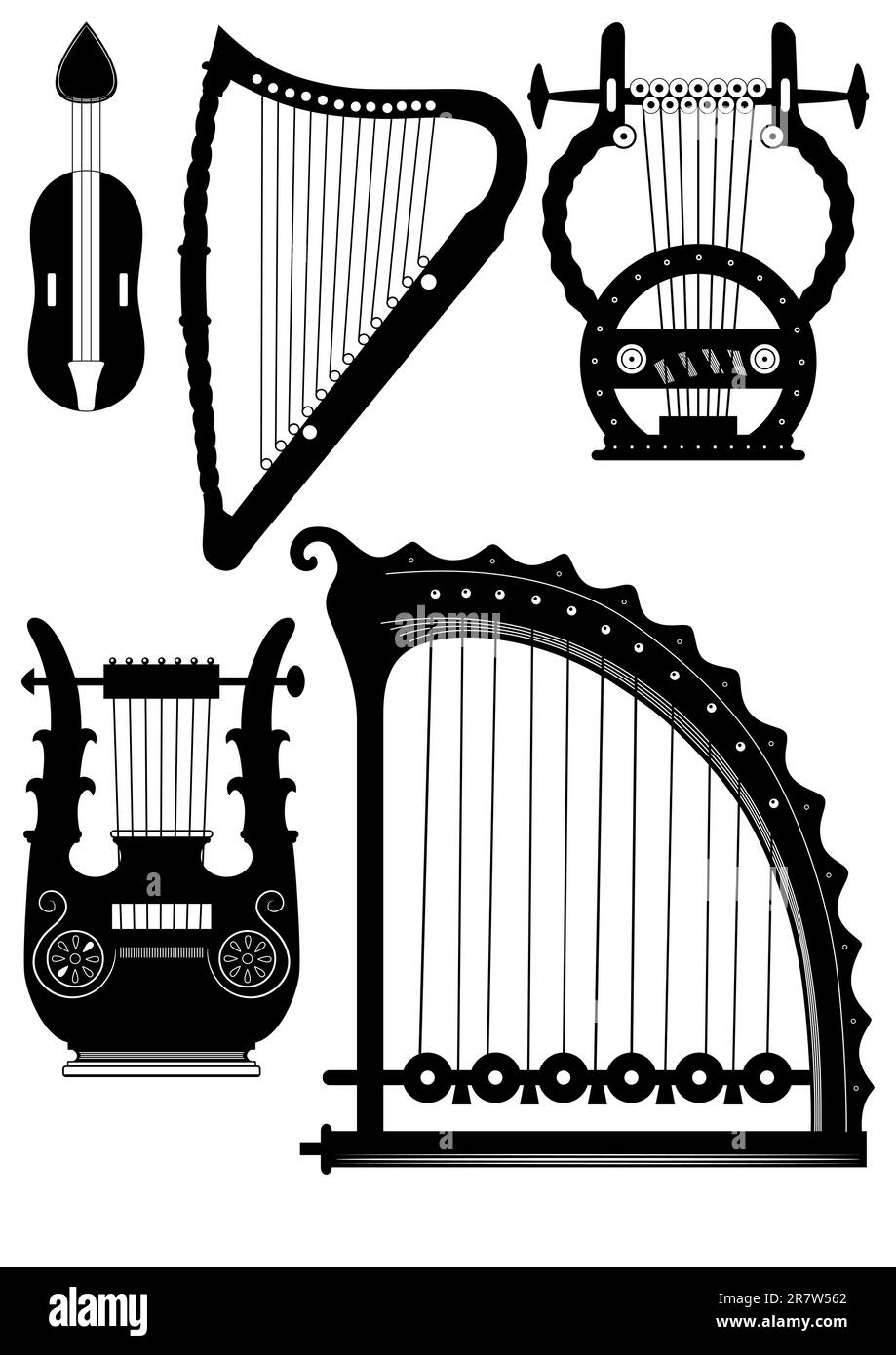 Illustration of the various antique strings instruments harp lyra