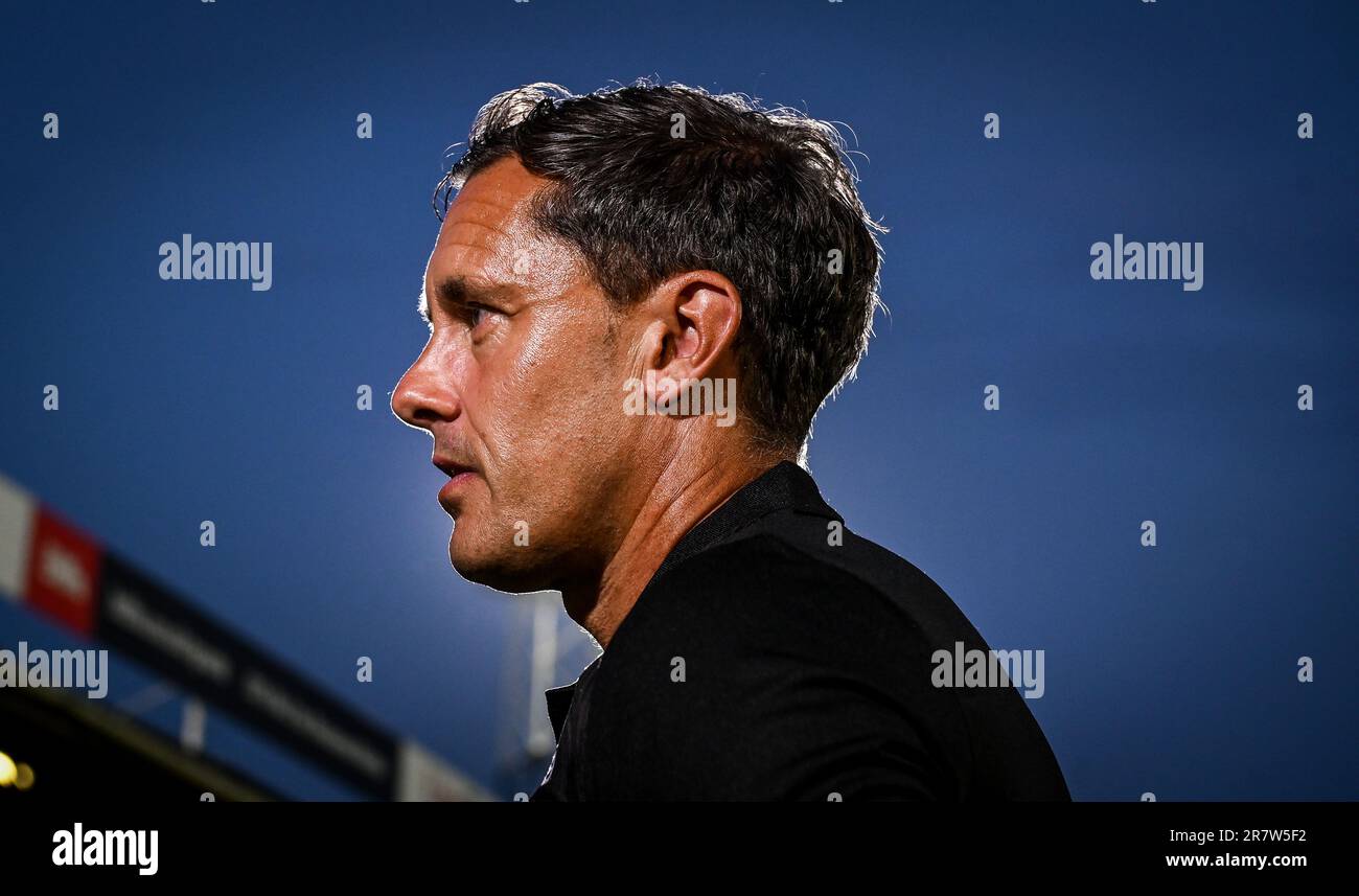 Paul Hurst speaks to media during the the Pre Season Friendly football match between Grimsby Town FC and  Lincoln City at Blundell Park, Cleethorpes, Stock Photo