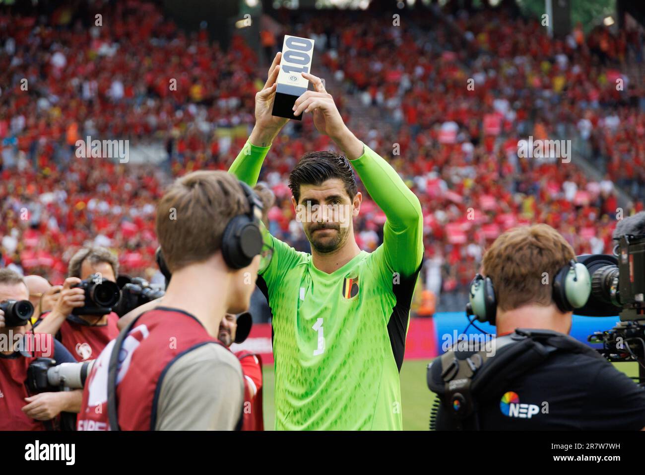 Solna, Sweden. 17th June, 2023. goalkeeper Thibaut Courtois receives a gift before a soccer game between Belgian national team Red Devils and Austria, Saturday 17 June 2023 in Brussels, the second (out of 8) qualification match for the Euro 2024 European Championships. BELGA PHOTO KURT DESPLENTER Credit: Belga News Agency/Alamy Live News Stock Photo