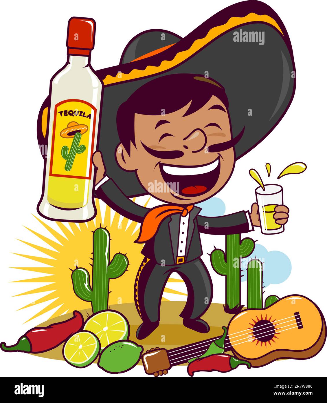 Mexican mariachi man drinking tequila in the desert. Vector
