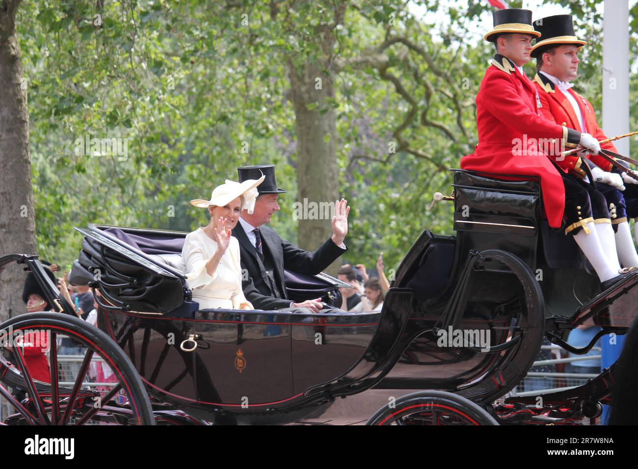 London, UK - 17 June 2023: Sophie, Duchess of Edinburgh arrived by horse-drawn carriage for Trooping the Colour at the weekend while wearing a white tailored dress by Beulah London, and a Jane Taylor hat to match.Timothy Laurence, Princess Anne's husband, as Duke of Edinburgh Stock Photo