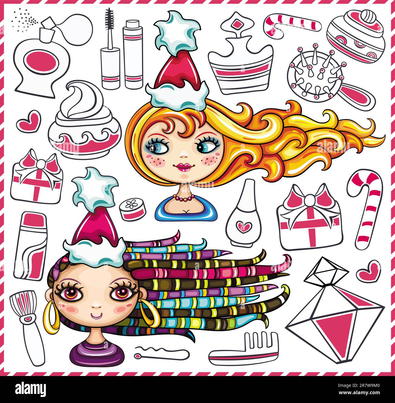 Christmas shopping theme: vector illustration of a pretty girls with beautiful hair and lots of Christmas presents for ladies Stock Vector